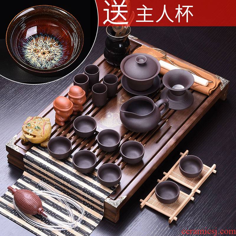 HaoFeng tea set suit household teapot kung fu tea set household purple sand tea sets tea taking of a complete set of solid wood tea tray