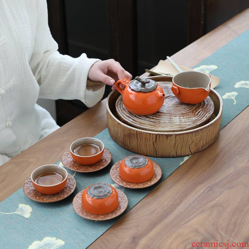 Poly real (sheng persimmon persimmon tea set suit household ceramics by hand is the best holiday gift box of the teapot teacup set of kung fu