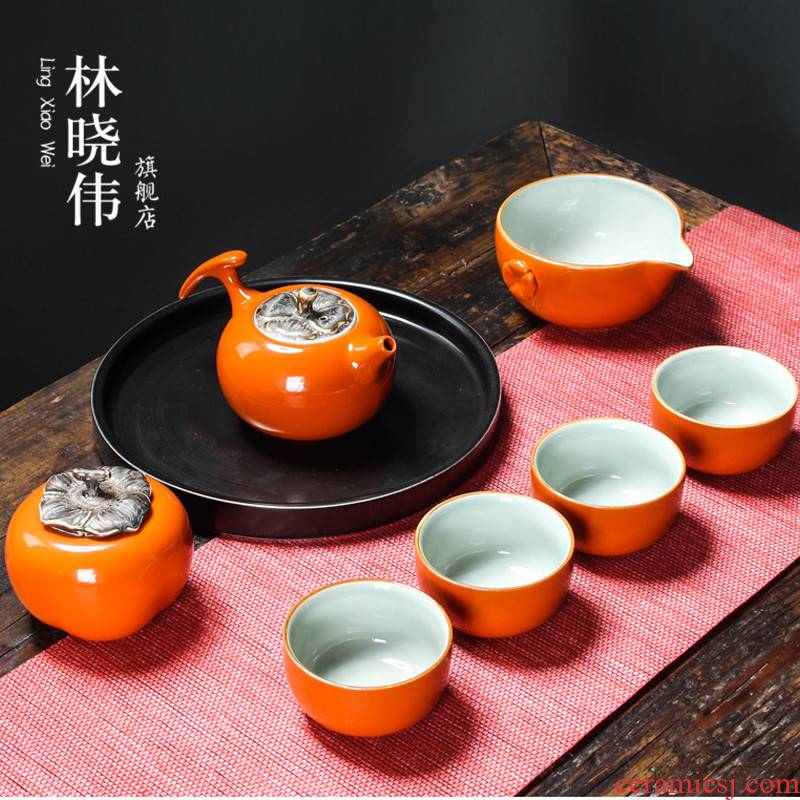 Kung fu tea set suit creative household travel tea set all the best ceramic persimmon tea gift set of tea cups