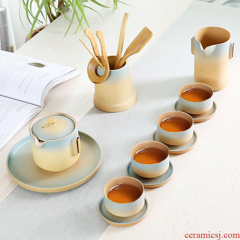 Japanese kung fu tea set suit household contracted ceramic tea tray was coarse pottery tea teapot is a complete set of tea cups of tea