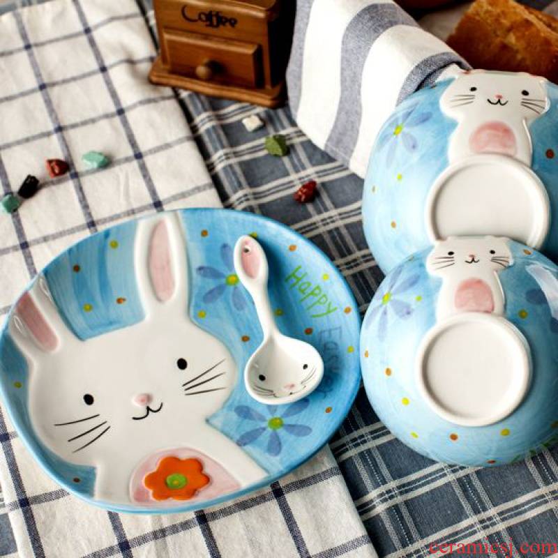 Jingdezhen creative cartoon hand - made rice dessert bowl of Japanese rabbits ceramic dishes cutlery set