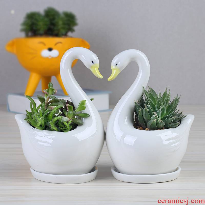 Contracted the Nordic style, small and pure and fresh green plant white ceramic flower pot tray was creative move indoor fleshy flower pot