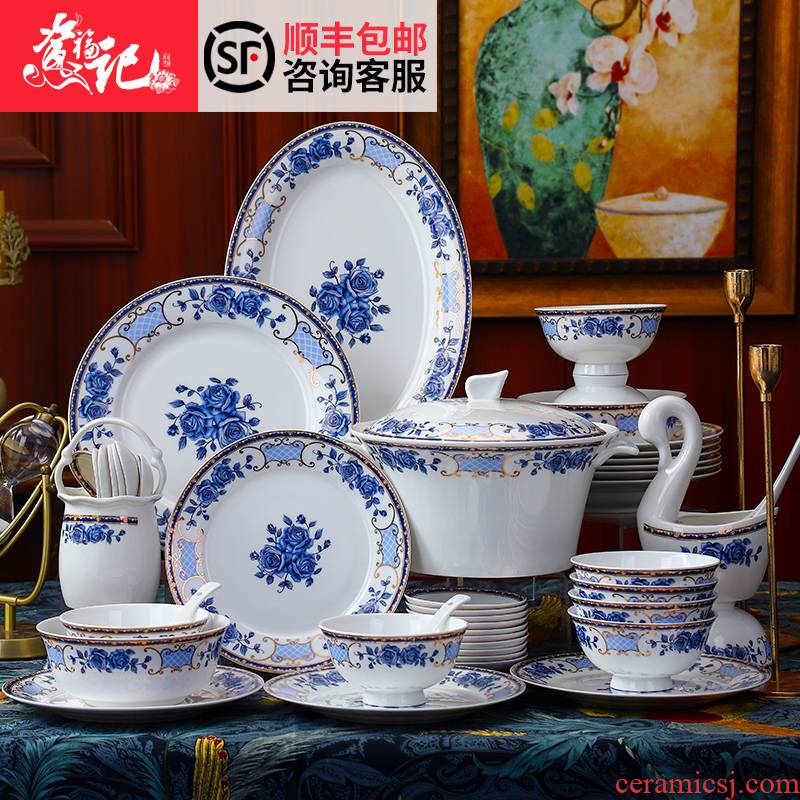 Ceramic bowl chopsticks combination of blue and white porcelain tableware portfolio ipads Chinese style restoring ancient ways dishes suit creative household bowls plates