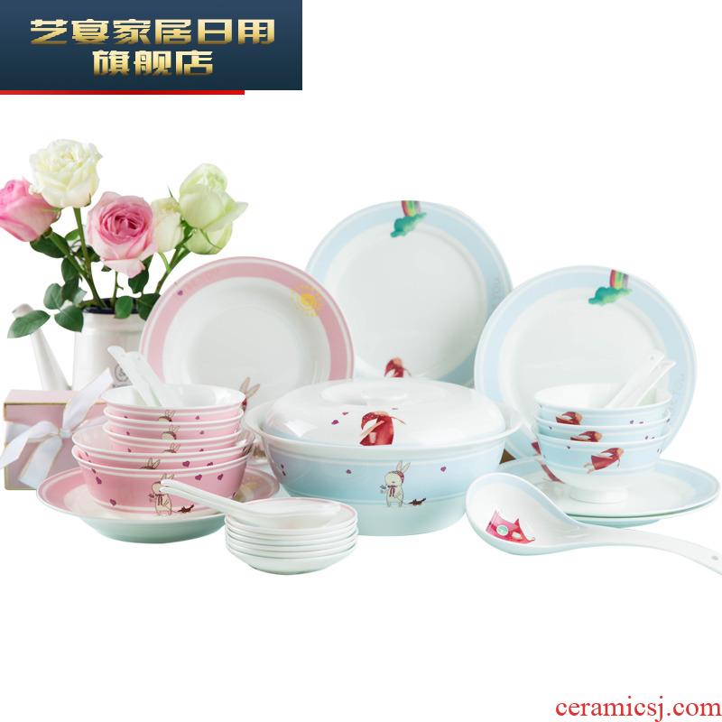 Dishes suit household sweet Dishes Chinese creative jingdezhen ceramic tableware, 4/6 people eating Korean dish bowl