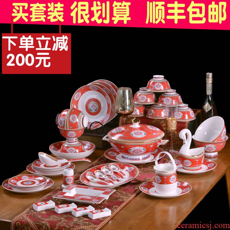 Jingdezhen ceramics bowl plates spoon tableware ceramic antique bowl of red of Chinese style household send gift set tableware