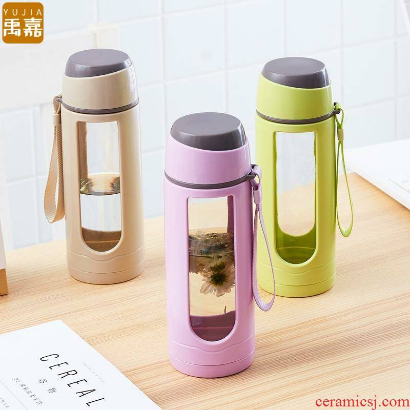 Double mercifully YuJia glass flower tea cup male and female students office plastic portable insulating glass cup hot cup