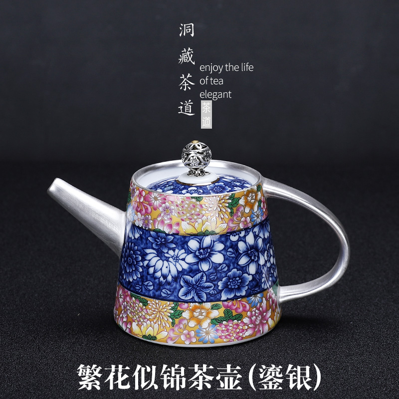 Building in blue and white porcelain pot teapot silver colored enamel coppering. As ceramic teapot single pot of kung fu tea set