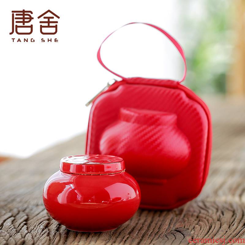 Tang China red paint caddy fixings ceramic seal tank portable travel small tea POTS warehouse storage tanks