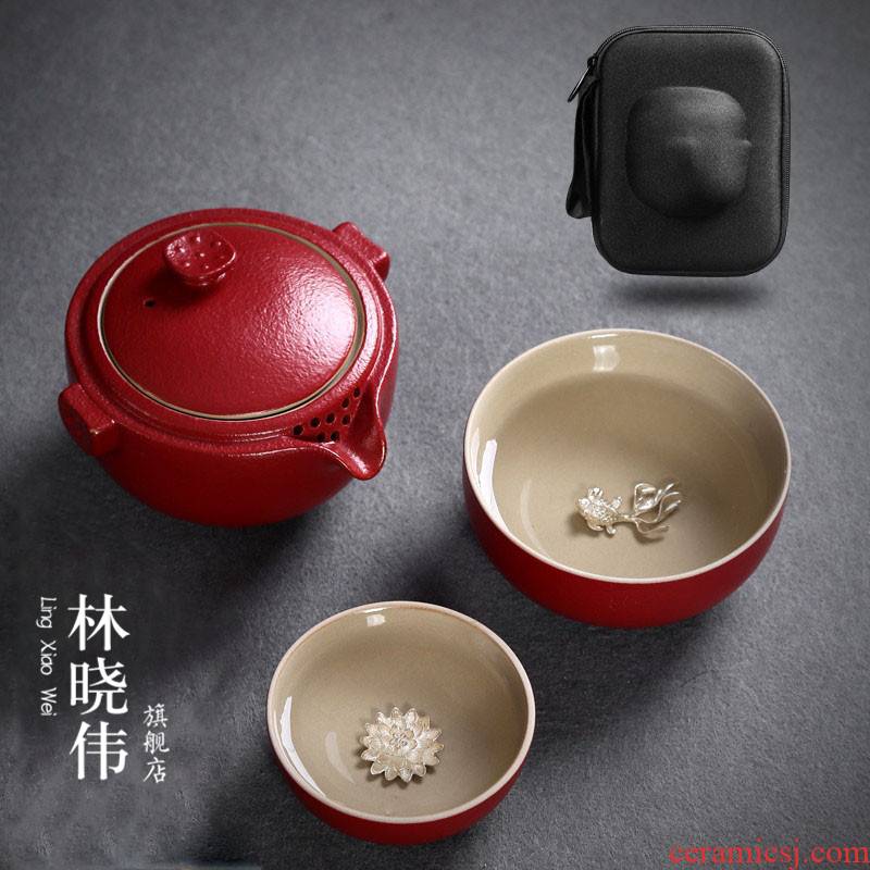 Silver crack of a ceramic crack pot two cup travel kung fu tea set office portable whitebait cup