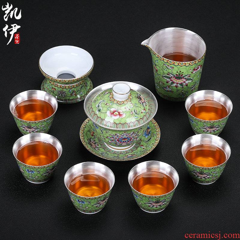 Grass green enamel coppering. As silver cup tea set jingdezhen ceramic kung fu tea tea silver tureen silver cup