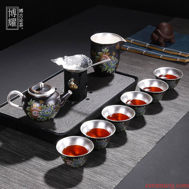 Bo yao with silver kung fu tea set a complete set of kung fu ceramic household tureen sterling silver cup pot a pot of 2 cups