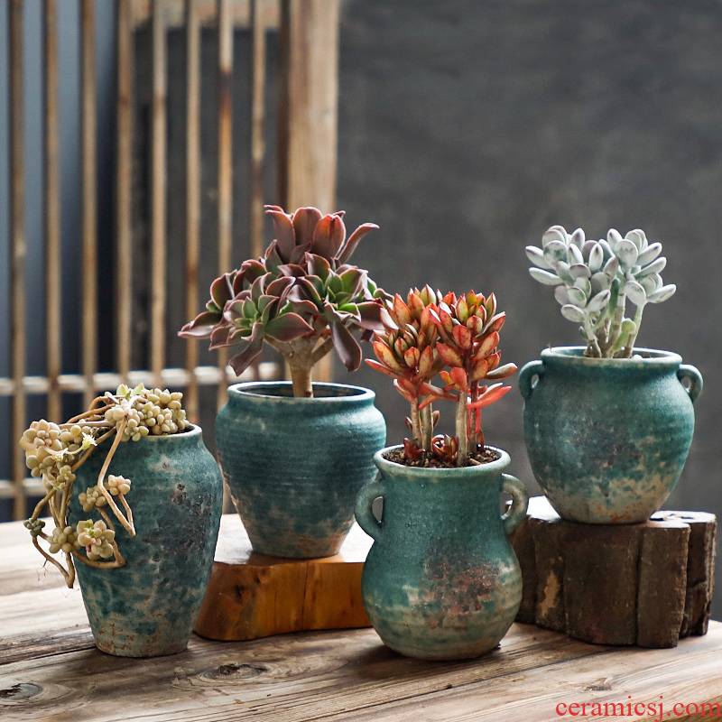 Fleshy flowerpot coarse pottery breathable creative move meat meat the plants of large diameter retro basin of ceramic up and old running on sale