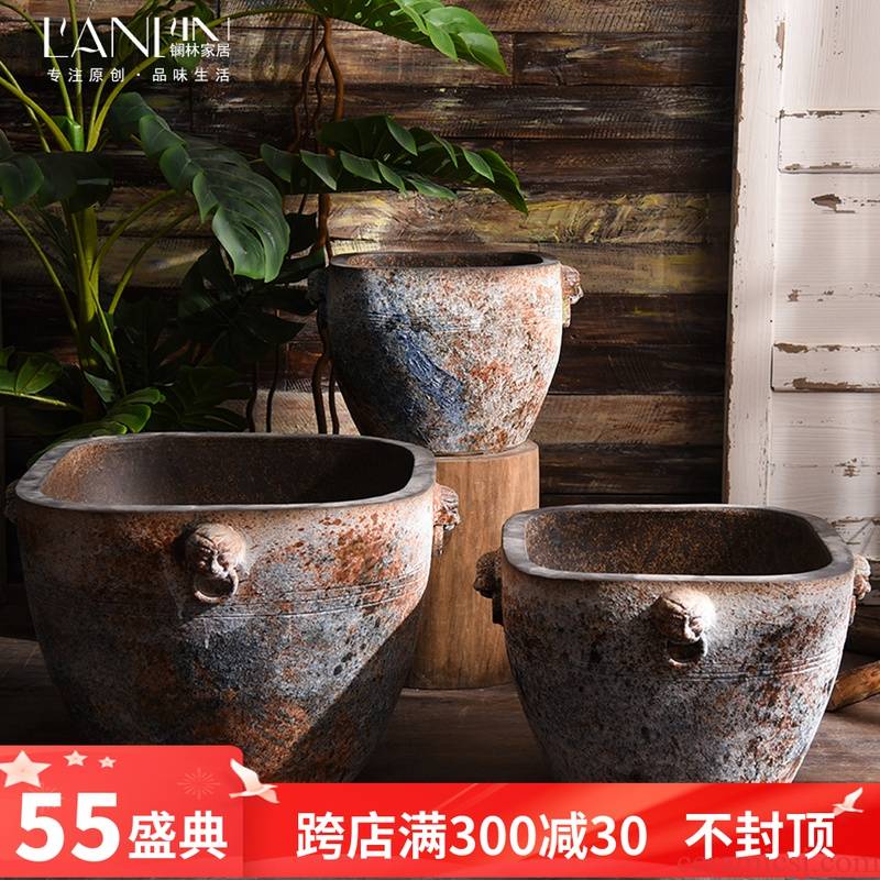 Old archaize ceramic extra large cylinder aquarium coarse pottery water lily flower bed hotel garden flowerpot retro big basin to plant trees