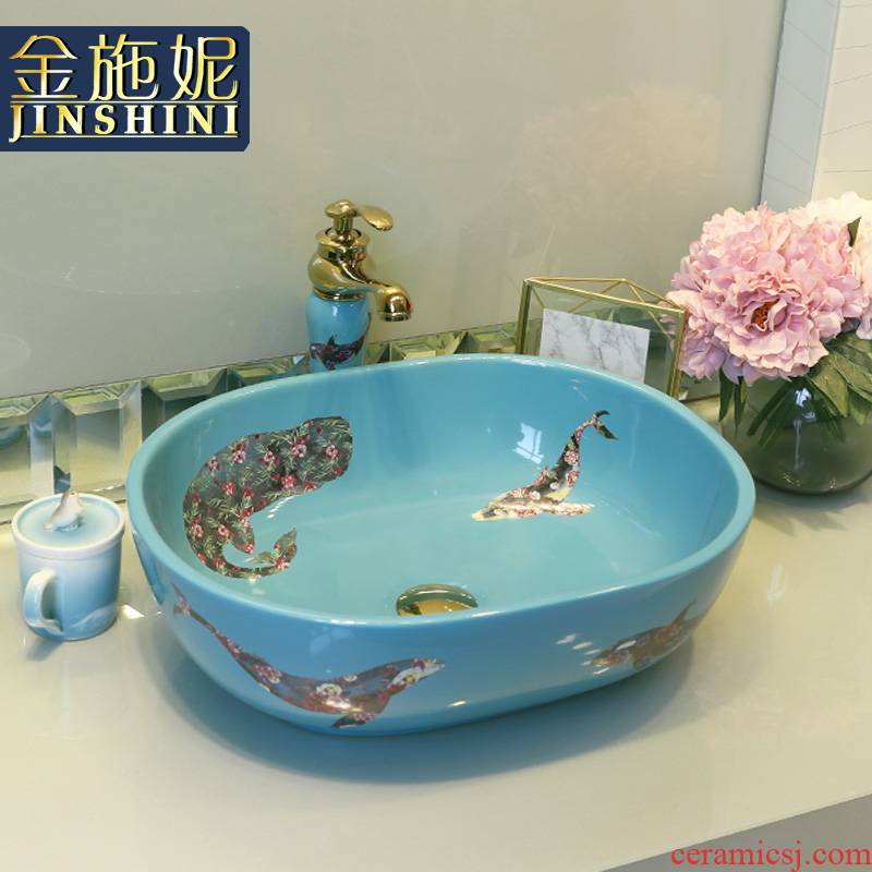 Gold cellnique stage basin oval European - style lavabo household creative ceramic art basin of I and contracted the lavatory