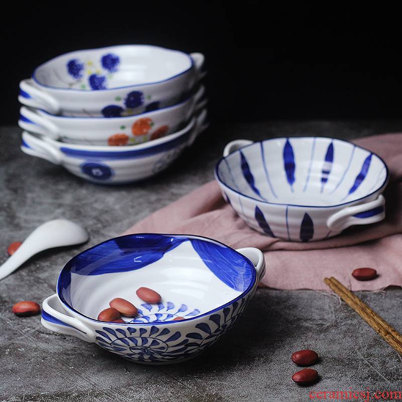 Orchid bowls Japanese blue and white porcelain tableware paella pull noodles household imitation retro 7.5 inch Korean TaoShuang ear soup