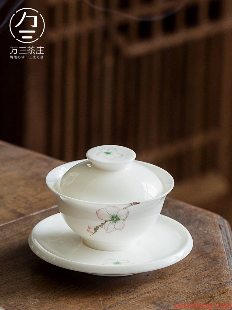 Dehua white porcelain craft tureen ceramic cups three home worship the bowl to bowl kung fu tea pu 'er tea