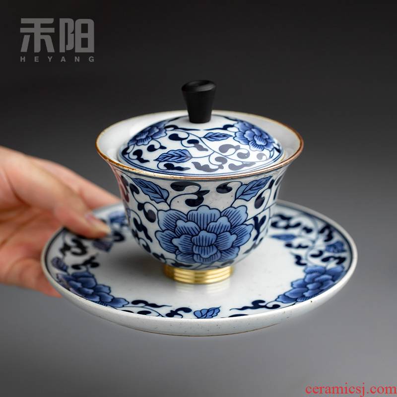 Send Yang only three tureen large single ceramic cups kung fu tea set of blue and white porcelain bowl with tea cup home