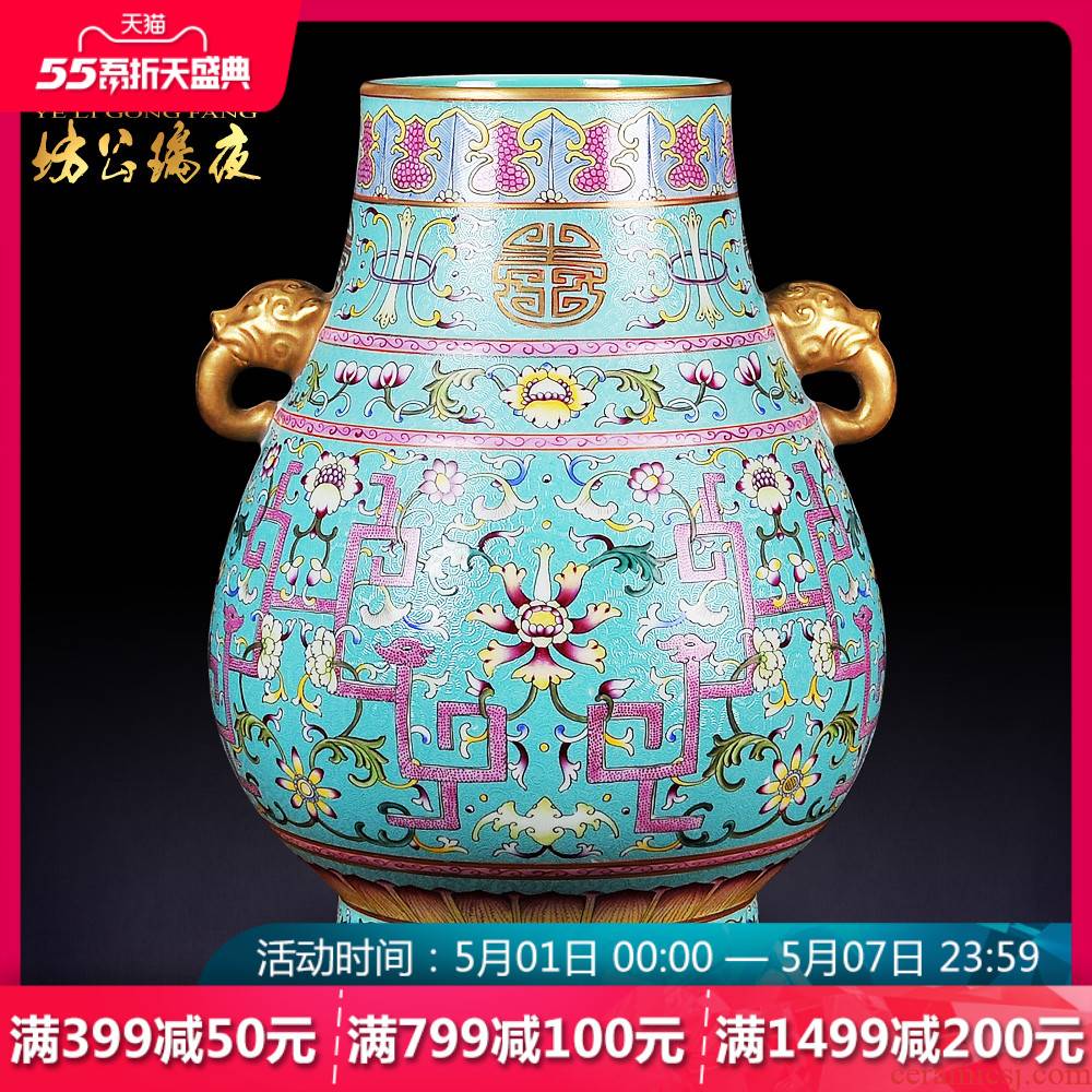 Jingdezhen ceramics vase furnishing articles grilled green flowers double listen barrels of the sitting room of Chinese style household decorative arts and crafts