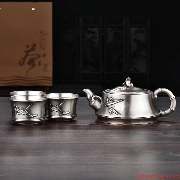 Xu ink fine silver 999 sterling silver, kung fu tea set had a silver teapot teacup bamboo tea gift box