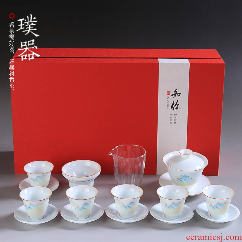 White porcelain kung fu tea set suit household contracted hand - made ceramic tea tureen tea cup gift boxes of a complete set of gifts