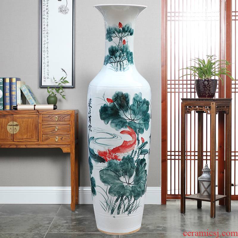 Jingdezhen ceramic floor big vase hand - made of blue and white in successive years wining the lotus villa hotel opening decorative furnishing articles