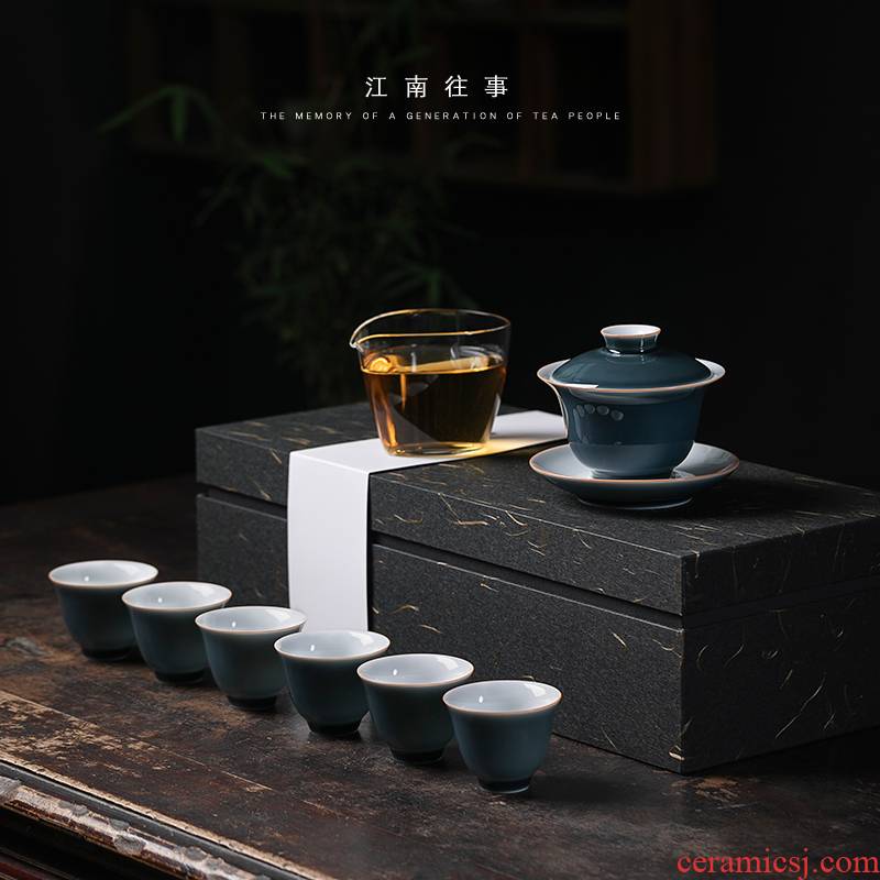 Jiangnan past ji blue glaze tureen tea set ceramic kung fu tea cups domestic large tea bowl tea gift set