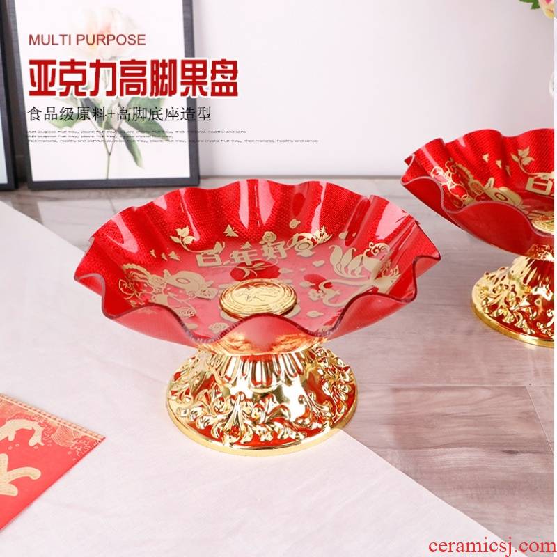 High fruit bowl acrylic red golden wedding base plate for disc plate for Buddha sitting room plastic plate