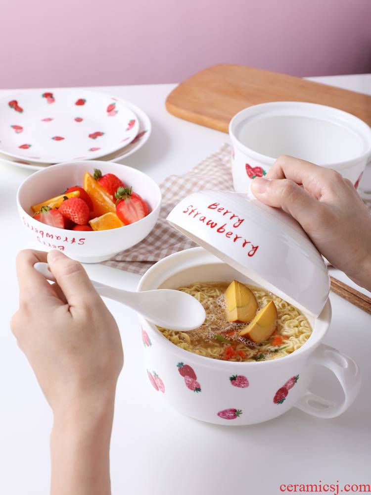Lovely strawberry mercifully rainbow such as bowl with cover girl wind heat preservation tableware bowls of a single mercifully rainbow such use ceramic the student 's dormitory