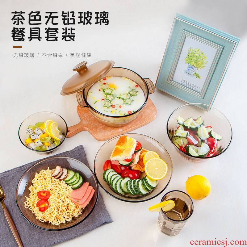 Household more heat - resistant glass bowl dishes in clay pot rice bowls move tan small European - style combination salad bowl set
