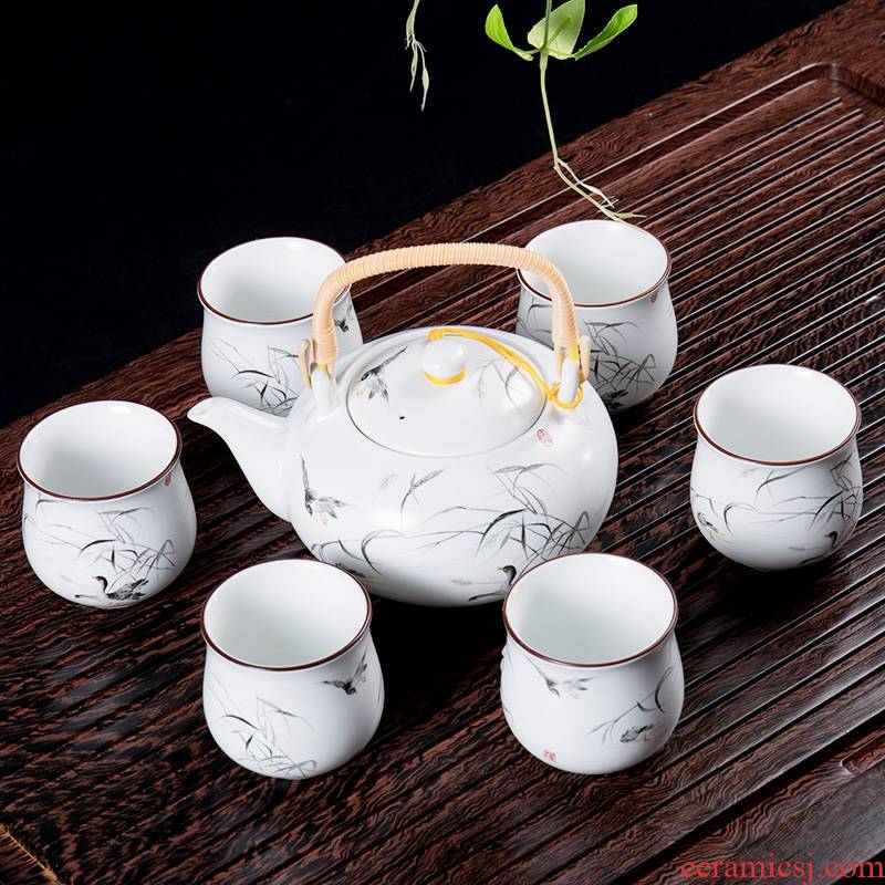 Household girder pot of kung fu tea set ceramic tea cup small set of very hot kettle with tea. Preventer contracted 6 cups