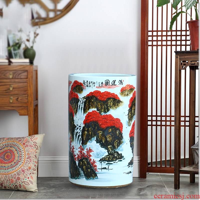 Jingdezhen ceramic hand - made scenery quiver landing place, a large vase painting and calligraphy calligraphy and painting scroll of cylinder cylinder