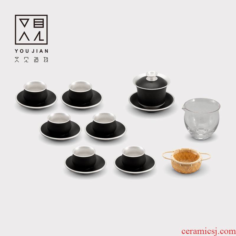 And creation of black pottery tea set silver inlaid with silver kung fu tea set Japanese tea zen custom gift set by hand