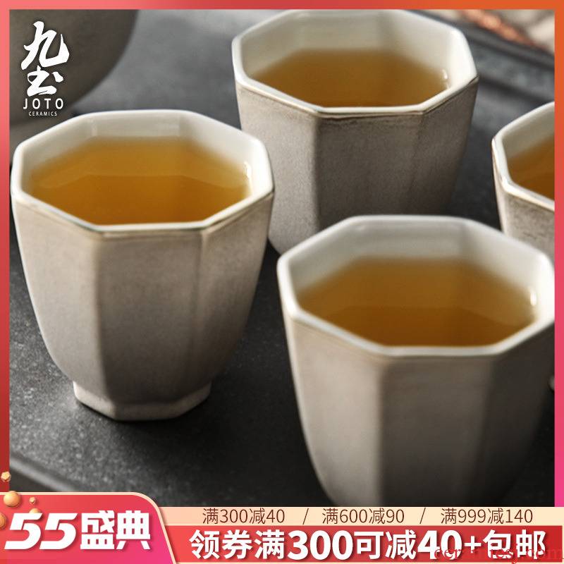 Checking out silver glaze octagon nine soil sample tea cup jingdezhen high temperature thin foetus cup Japanese kung fu tea cups on silver color glass