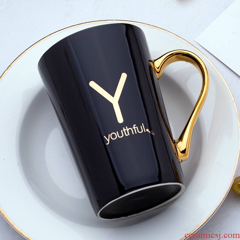 Nordic letters ceramic cups with cover spoon move creative trend mark cup men 's and women' s household glass coffee cup
