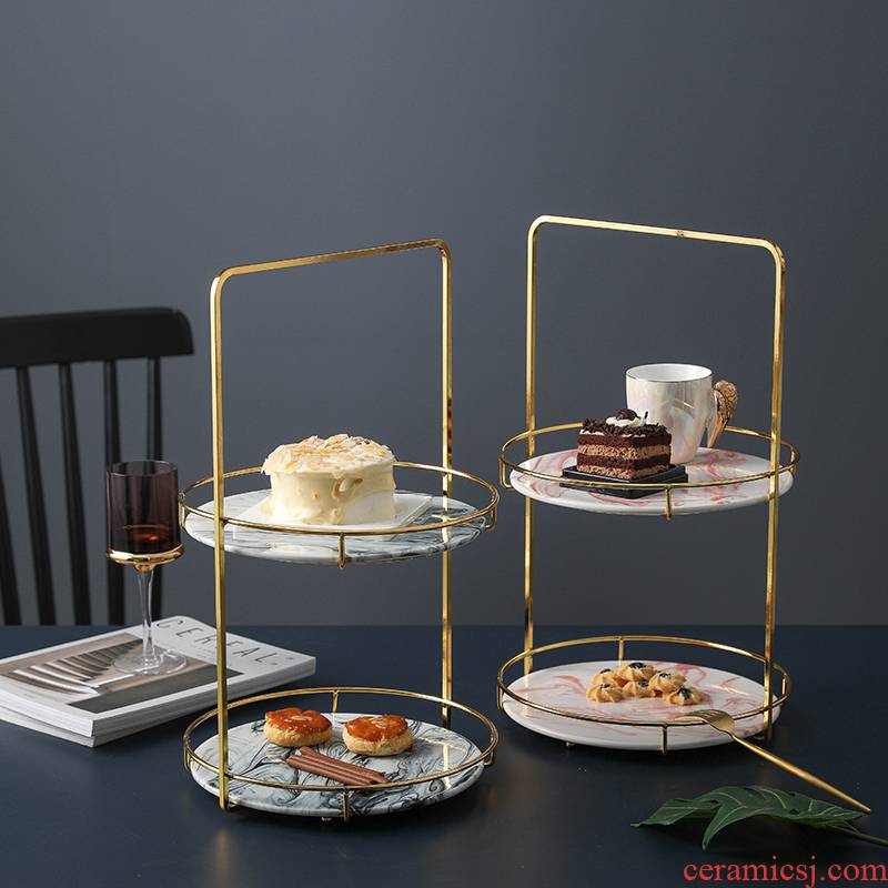 Northern wind creative gold - plated, wrought iron ceramic double cake, fruit basin shelf afternoon tea fruit dessert plates