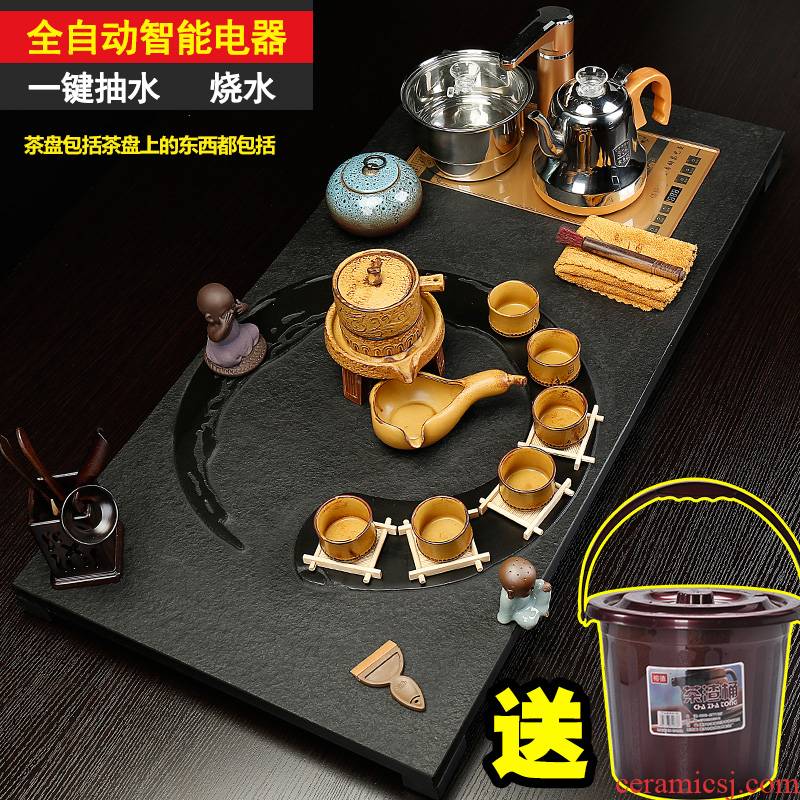 Back on a complete set of kung fu tea set suit household sharply stone solid wood tea tray was purple ceramic contracted tea tea taking