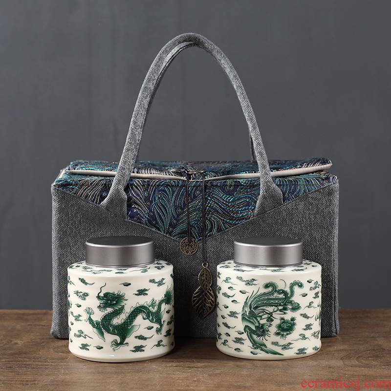 Longfeng ceramic large household storage tank is the west lake longjing tea double tin cover POTS of gift bag packaging