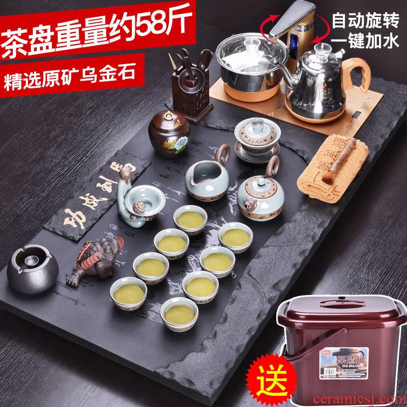 HaoFeng ceramic tea set suit household sharply stone solid wood tea tray was kung fu tea tea purple sand teapot teacup