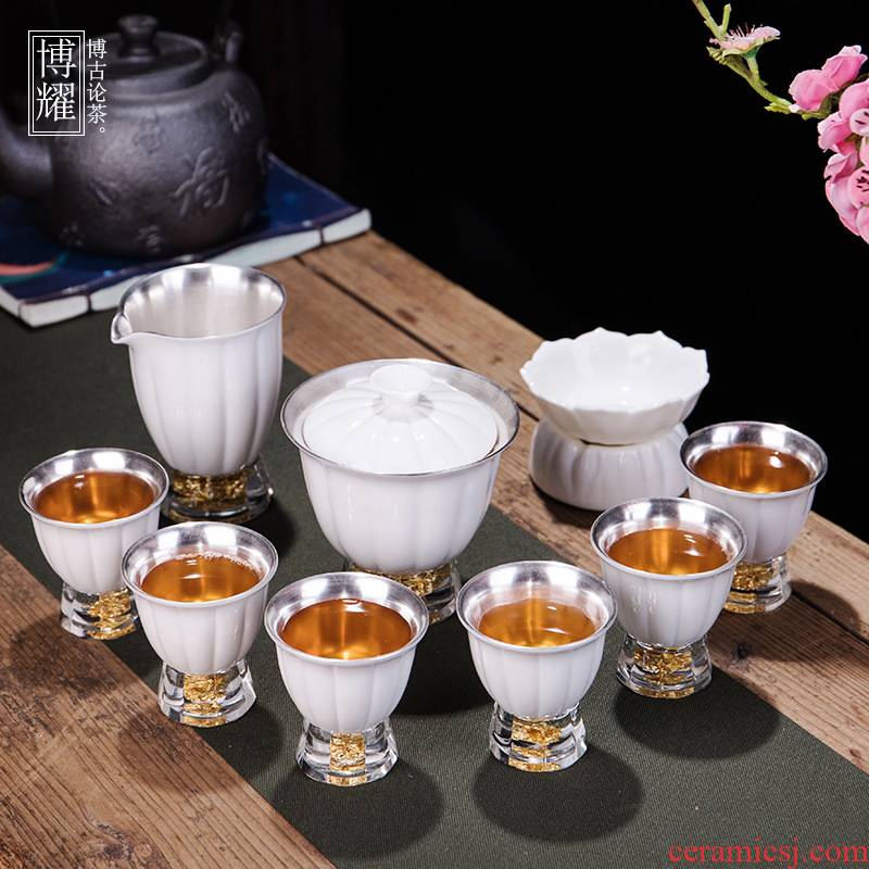 Bo yao 999 sterling silver mine loader silver kung fu tea set white porcelain household pure silver hand town office high - end gifts