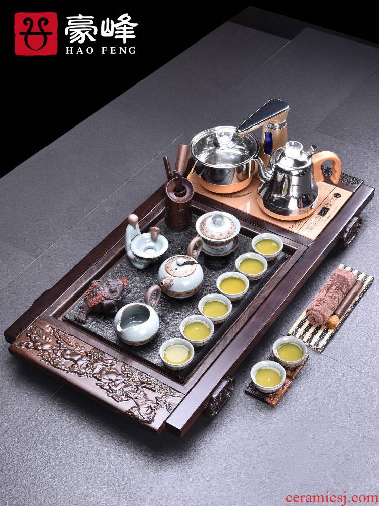HaoFeng whole sheet of the ebony wood tea tray was purple sand tea sets of kung fu tea set suit household sharply away the stone