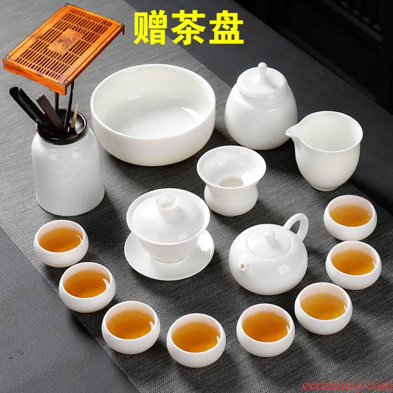 Fat ya xin jade porcelain kung fu tea set yourself see colour lid bowl of dehua white porcelain graven images of a complete set of household ceramics
