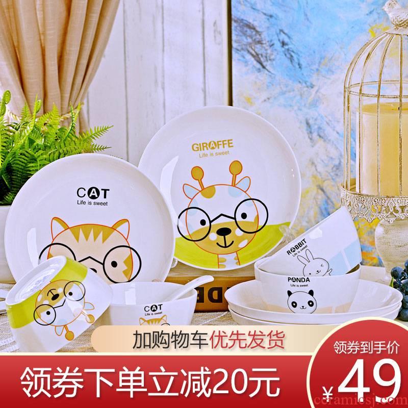 Jingdezhen ceramic 16 cartoon dishes suit ceramic bowl chopsticks microwave oven plate to eat bread and butter
