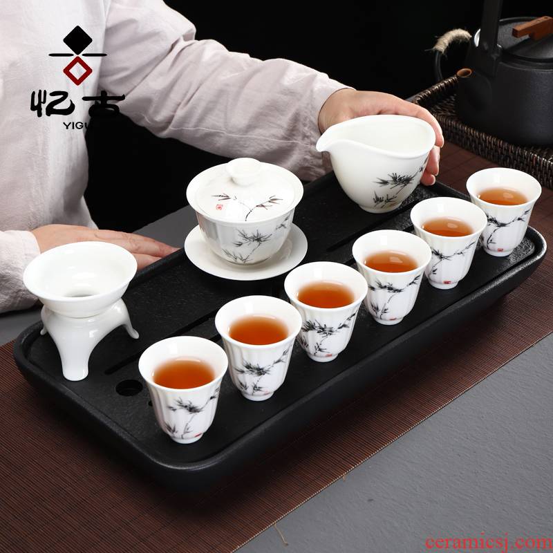 Dehua white porcelain kung fu tea set contracted home office to ultimately responds tea cups tureen box of a complete set of gifts