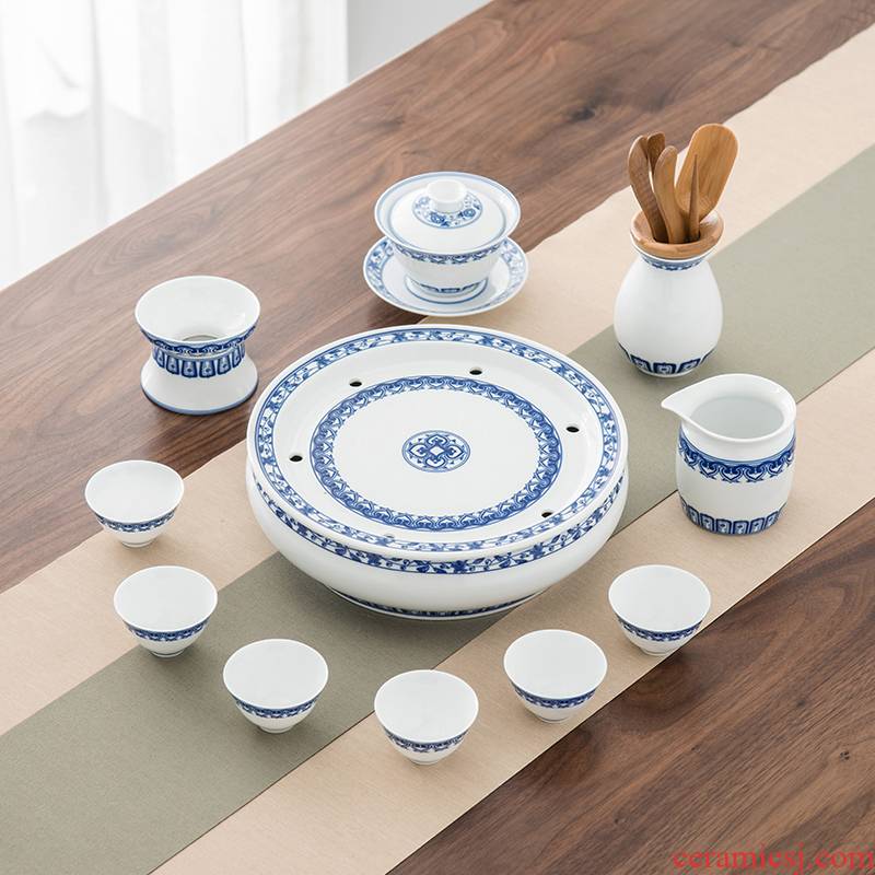 Qiu time household ceramics kung fu tea green, blue and white porcelain is tureen tea cups to wash tea tray combinations of a complete set of contracted