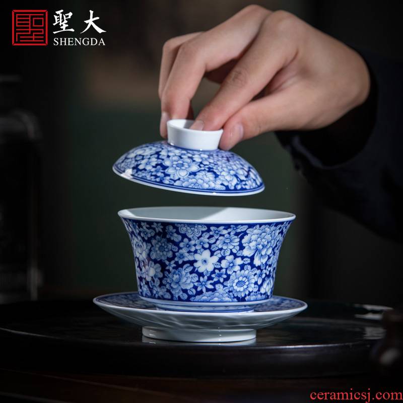 Holy big three to tureen teacups hand - made ceramic blue and blue to purple flower tureen all hand jingdezhen kung fu tea set