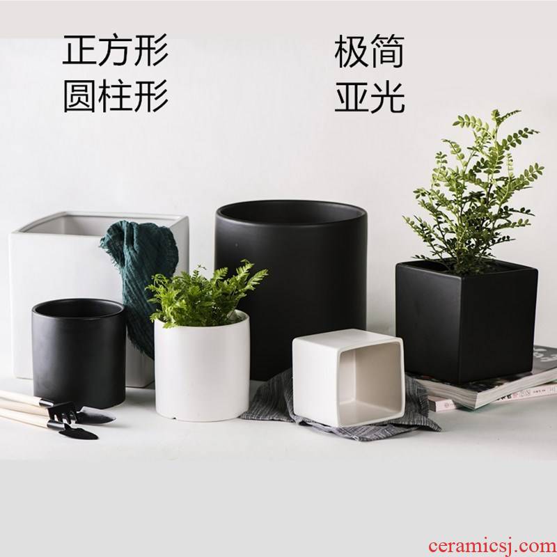 Ceramic POTS minimalist matte enrolled, black and white frosted tetragonal cylindrical heavy wind small flower pot