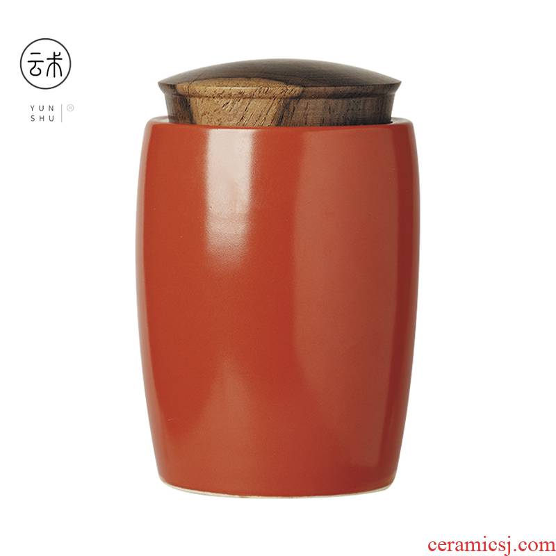 Cloud art of jingdezhen coral red ceramic tea pot lid seal pot wooden storage tanks to wake receives small tea warehouse