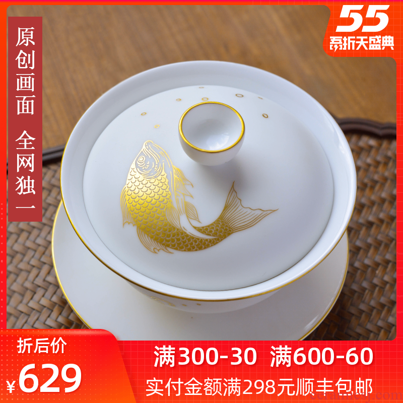All hand - made tureen tea cups a single pure the original jingdezhen kung fu tea set pure manual three big white porcelain bowl