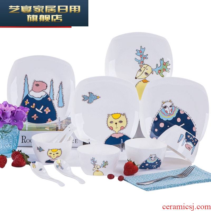 Dishes suit household square Chinese Dishes ipads porcelain of jingdezhen ceramics cartoon creative lovely tableware suit