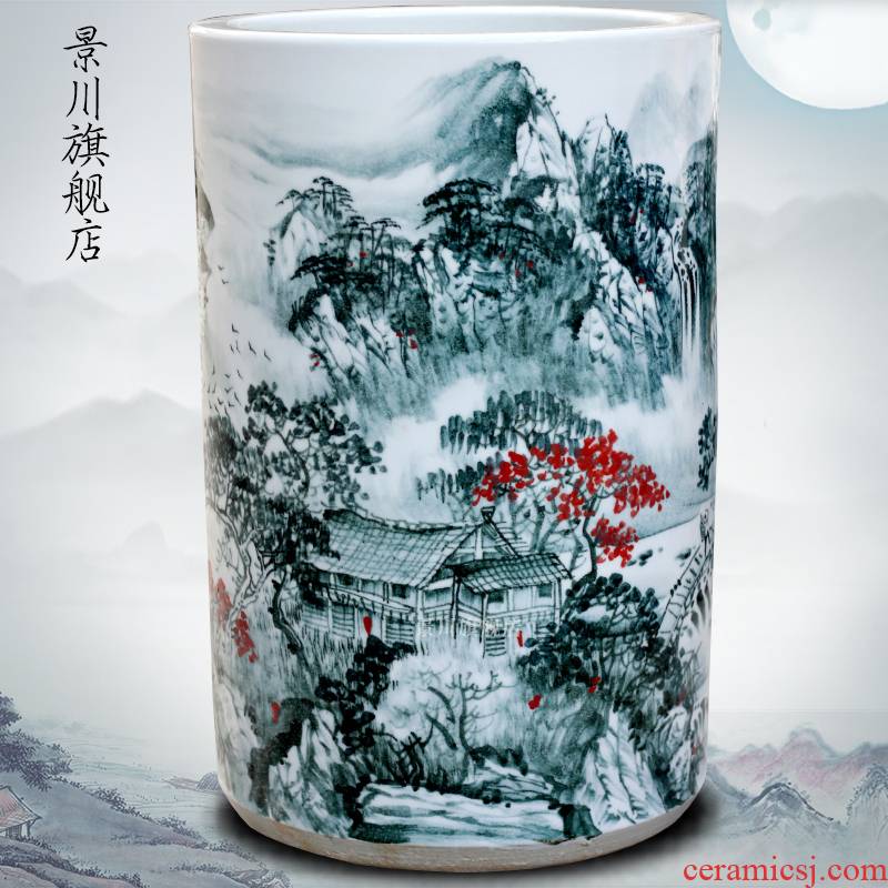 Jingdezhen ceramic hand - made landscape painting vase household living room office furnishing articles study calligraphy and painting scroll to receive goods